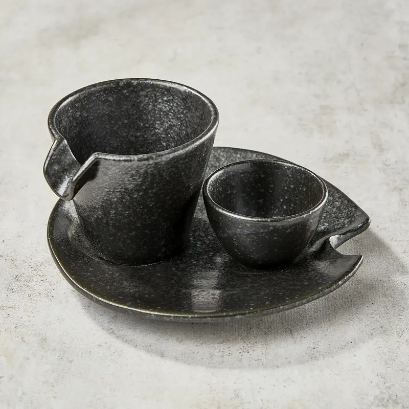 Service à saké individuel Katakuchi 3 pièces, design noir argenté