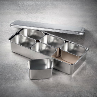 6 Mini bacs rectangulaires à ingrédients dans leur bac et couvercle Plats - grilles - bacs gastro