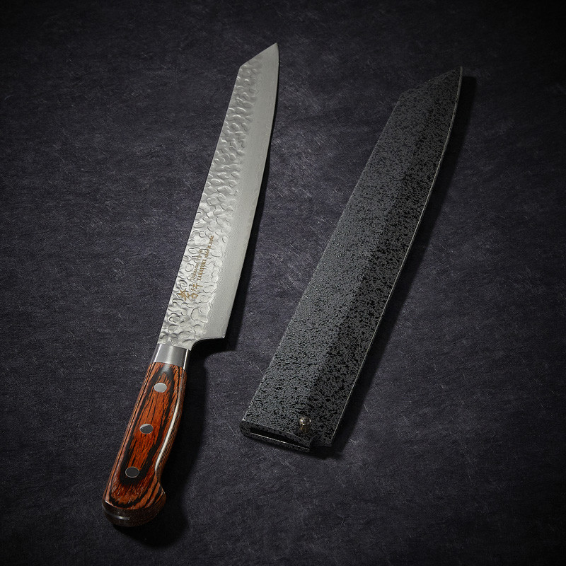 Cuchillo Kengata Yanagiba para sashimi con 33 capas en acero de Damasco con hoja martillada de 270 mm