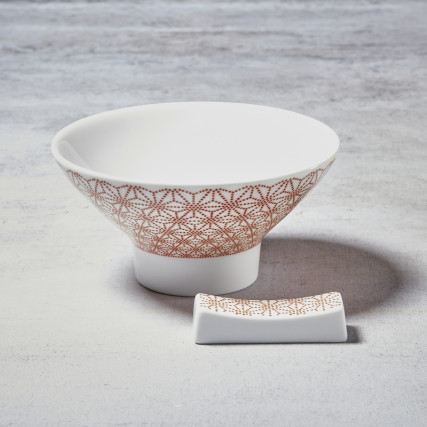 Pair of porcelain rice bowls and chopstick holders