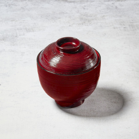 Traditional miso soup bowl with random lines and pattern fabric